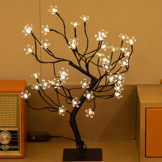 Cherry Blossom Bonsai Tree, 40 LED Lights, with 24V UL Listed Adapter and Metal Base, Warm White Lights, Perfect for Night Lights, Standard Version